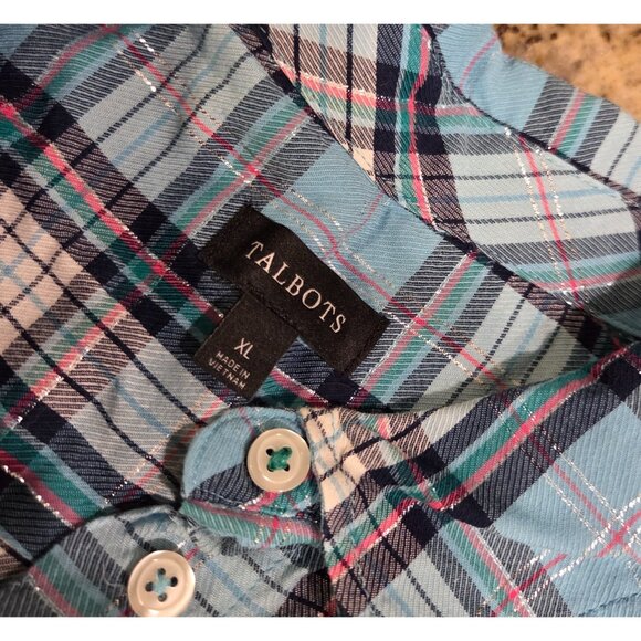 Talbots Womens Size XL Blue Plaid Button Up Shirt Metallic Thread - Picture 9 of 13